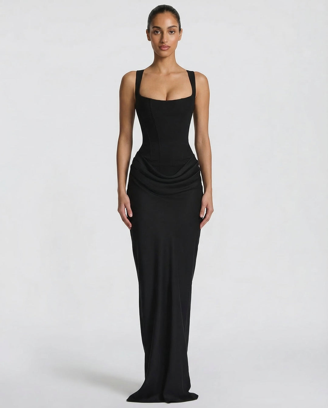 Robe longue col carré taille drapée pour femme