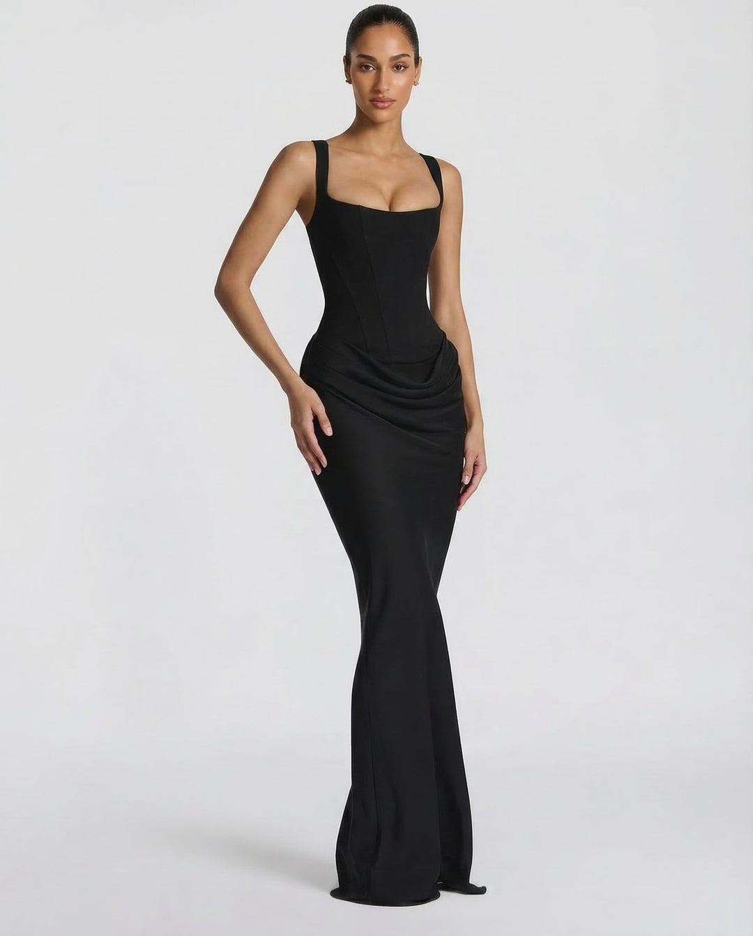 Robe longue col carré taille drapée pour femme
