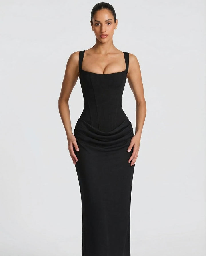 Robe longue col carré taille drapée pour femme