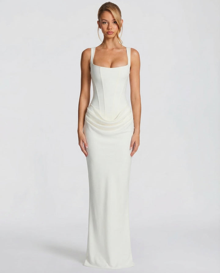 Robe longue col carré taille drapée pour femme