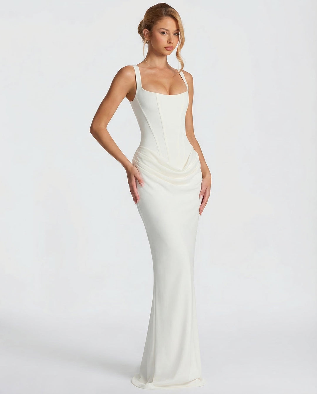 Robe longue col carré taille drapée pour femme