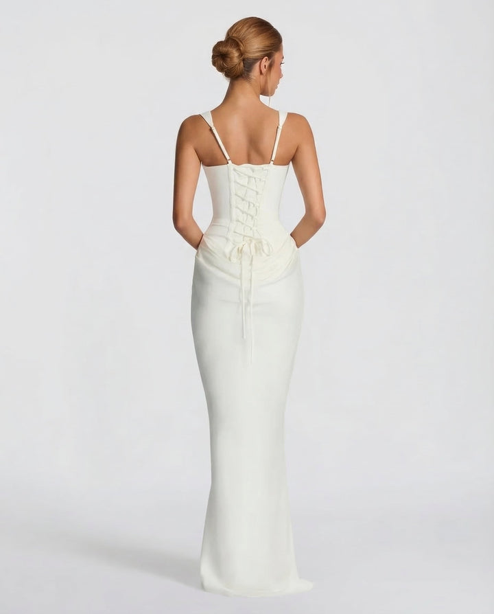 Robe longue col carré taille drapée pour femme