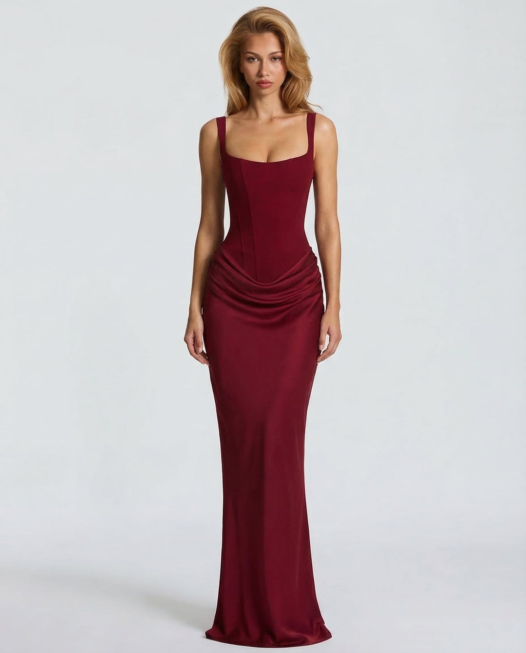 Robe longue col carré taille drapée pour femme