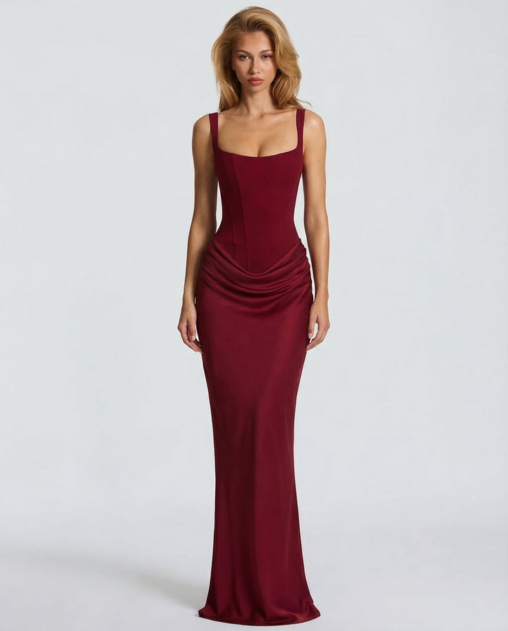 Robe longue col carré taille drapée pour femme