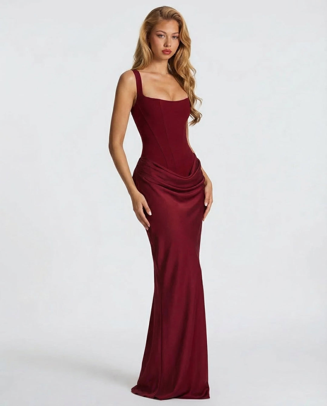 Robe longue col carré taille drapée pour femme