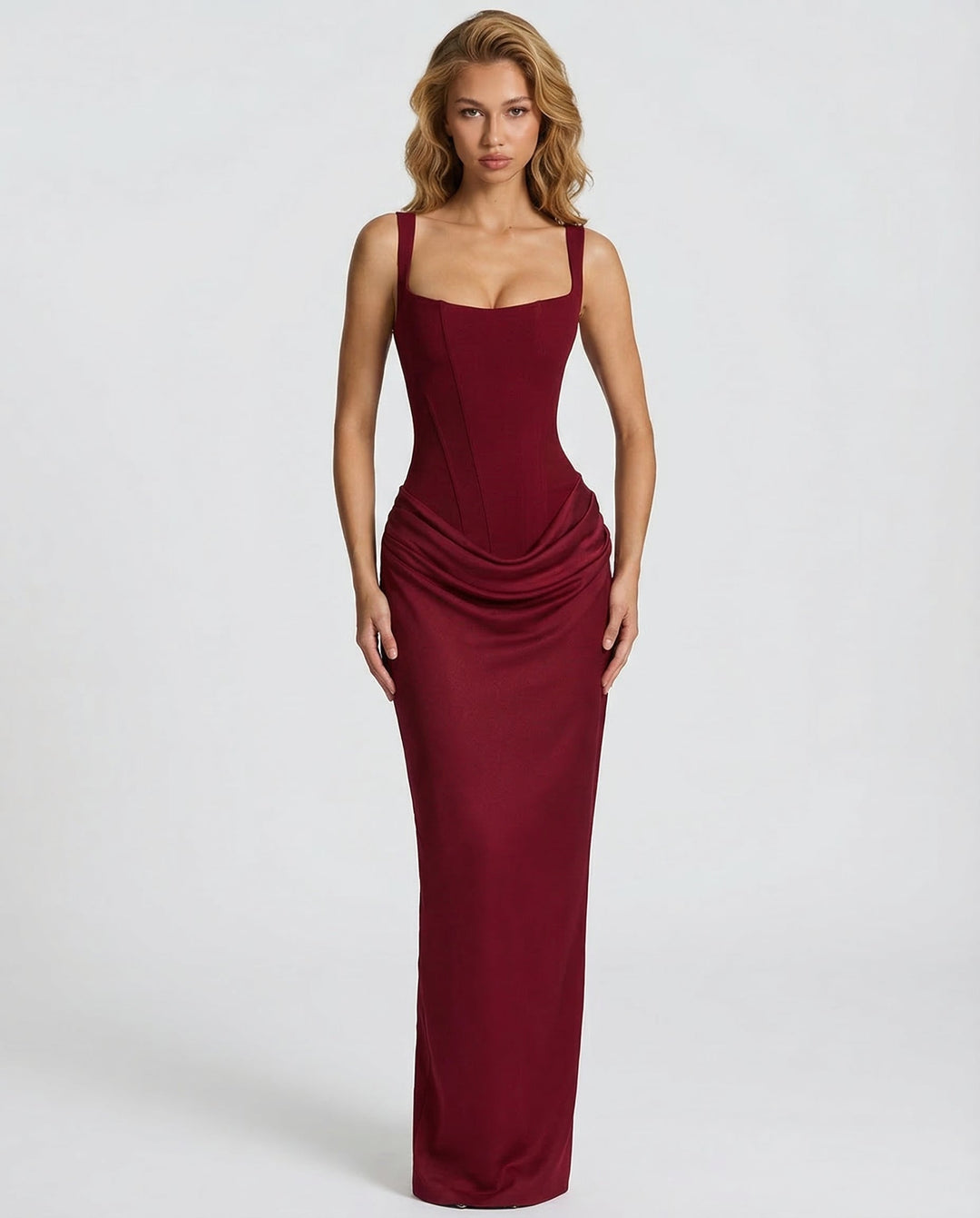 Robe longue col carré taille drapée pour femme