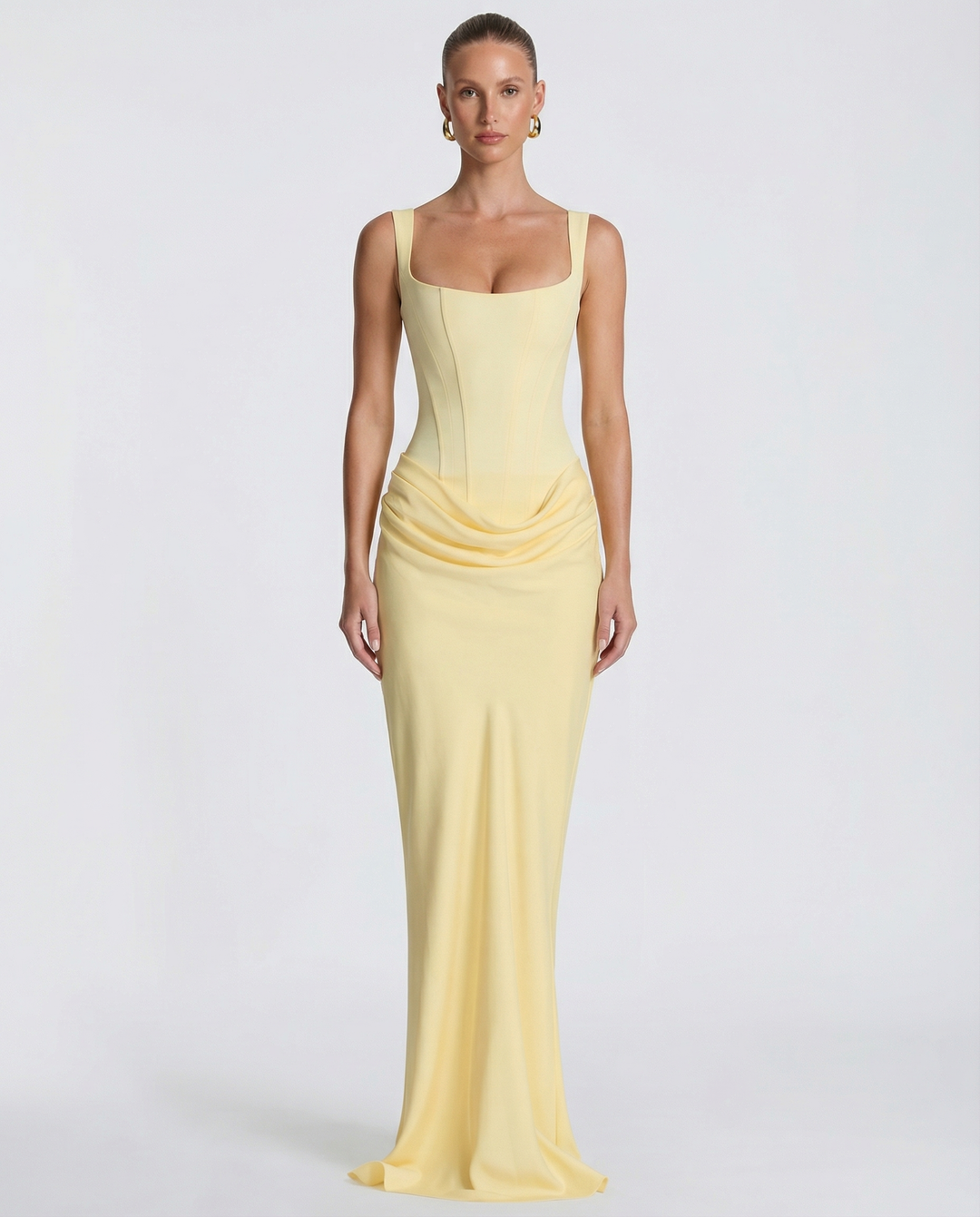 Robe longue col carré taille drapée pour femme