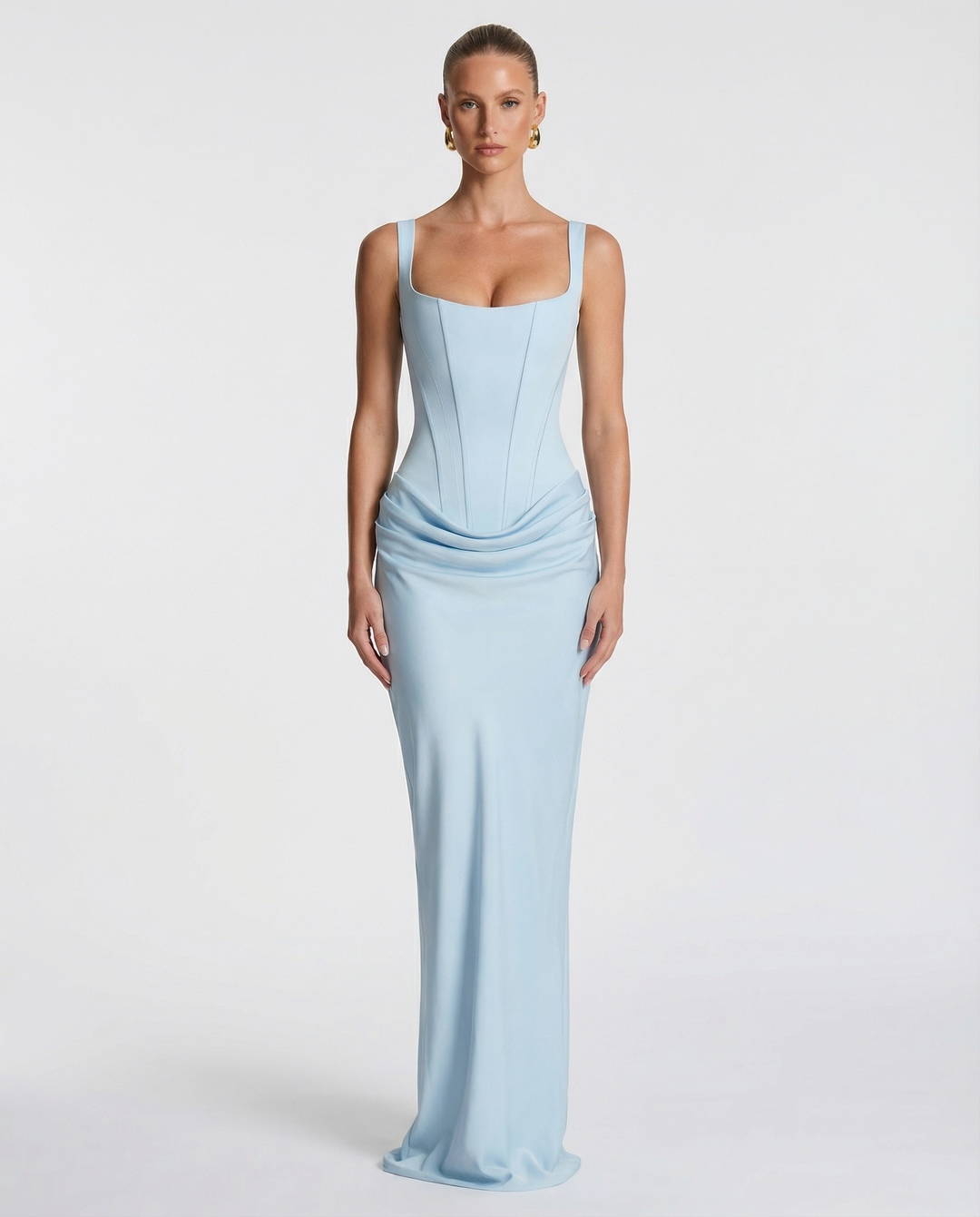 Robe longue col carré taille drapée pour femme