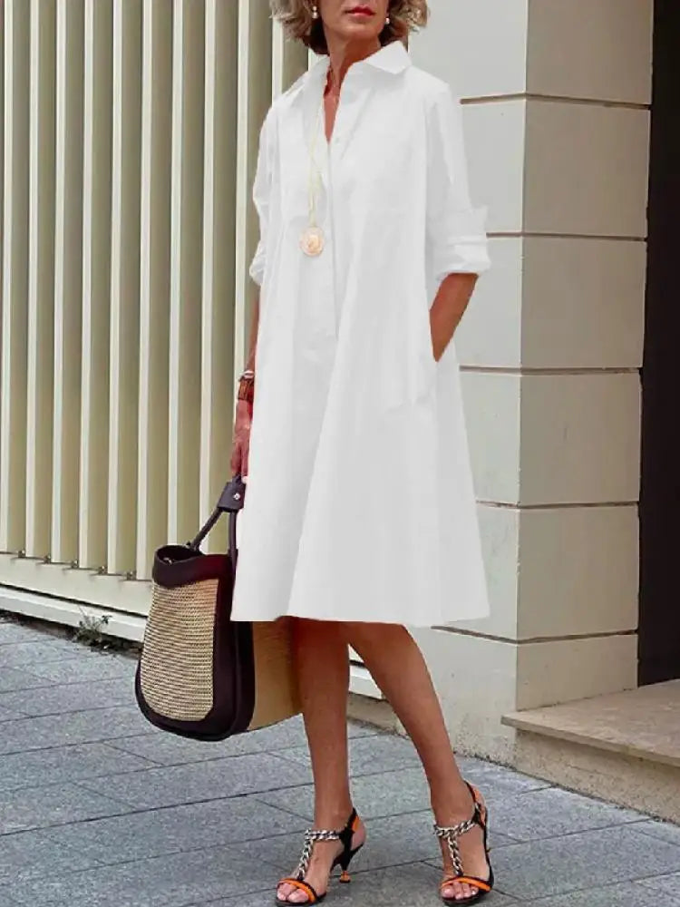 Robe Chemise Midi Femme Coupe Ample Manches Longues