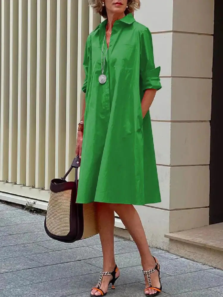 Robe Chemise Midi Femme Coupe Ample Manches Longues