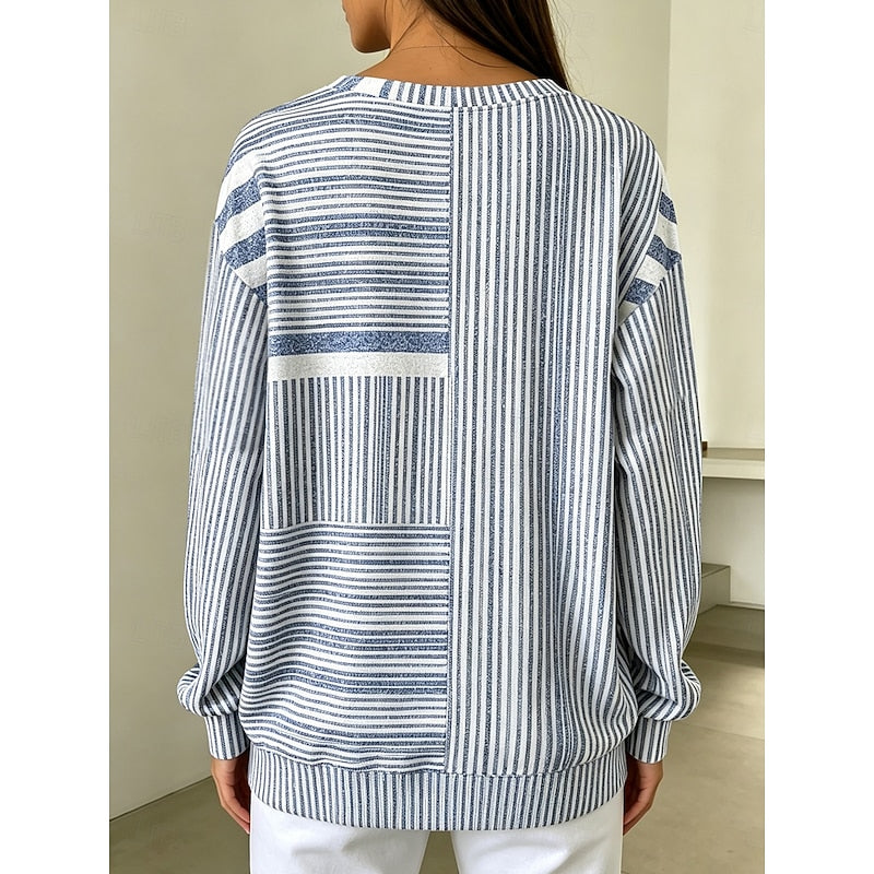 Camisola às riscas para mulher, azul, com gola redonda