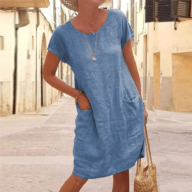 Robe en Lin Manches Courtes Femme, Poches Été