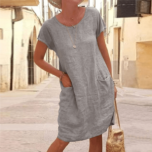 Robe en Lin Manches Courtes Femme, Poches Été