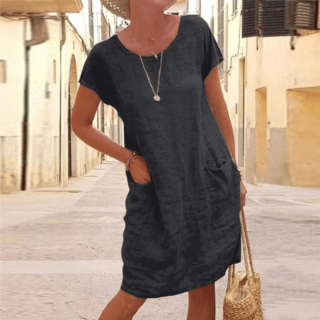 Robe en Lin Manches Courtes Femme, Poches Été