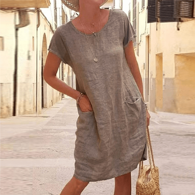 Robe en Lin Manches Courtes Femme, Poches Été
