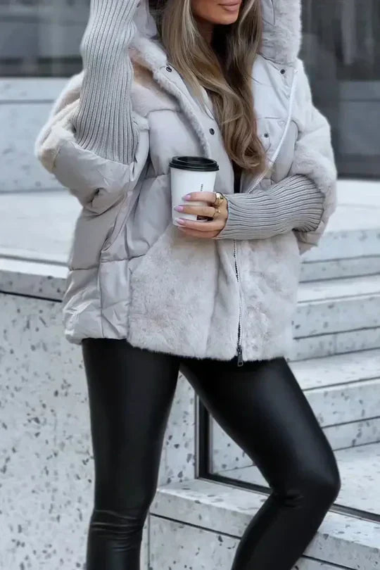Women's Quilted Hooded Jacket with Fur