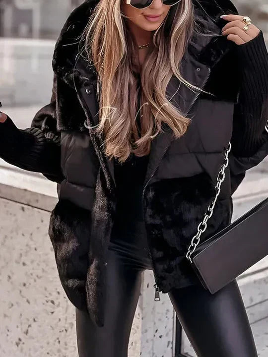 Women's Quilted Hooded Jacket with Fur