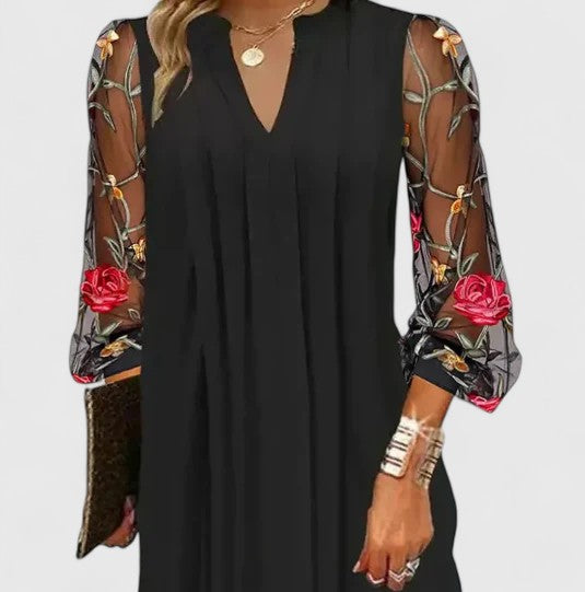 Robe Fluide Col V Manches Fleuries Femme
