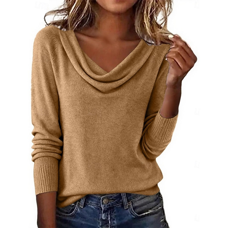 Camisola de manga comprida e gola drapeada para mulher