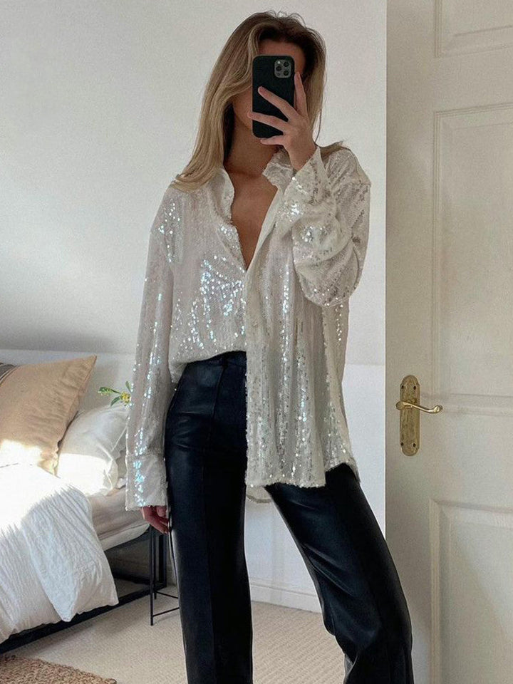 Paljettklänning i skjortmodell för kvinnor - glittrande modell för fest