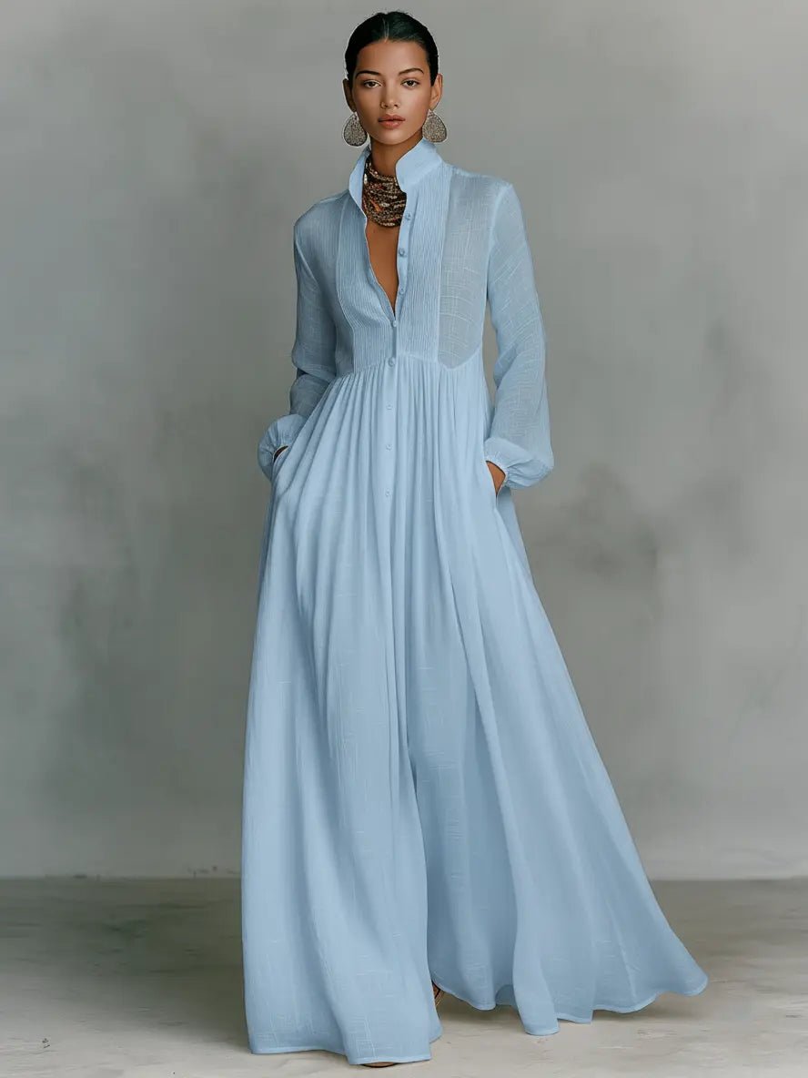 Robe Longue Femme Col Chemise Jupe Fluide