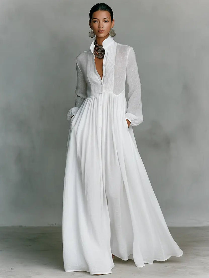 Robe Longue Femme Col Chemise Jupe Fluide