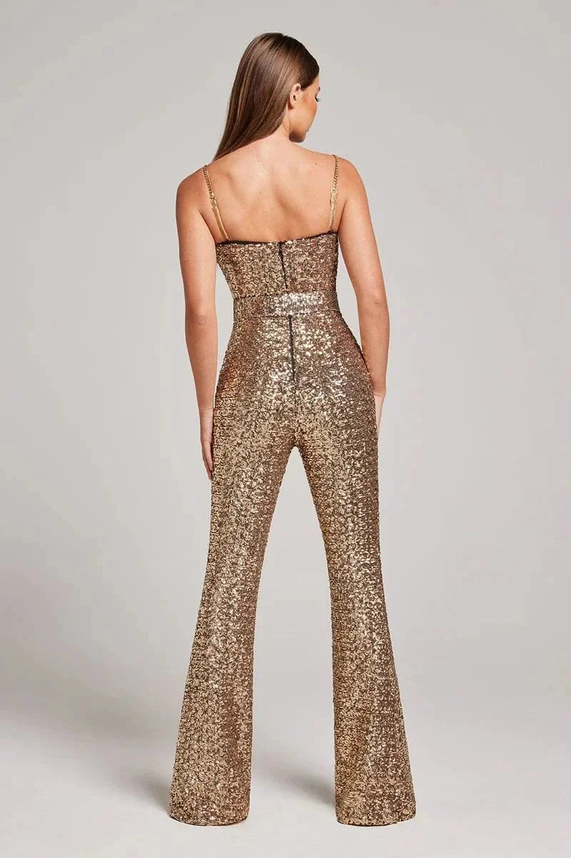 Combinaison Sequin Femme Bustier Jambe Évasée