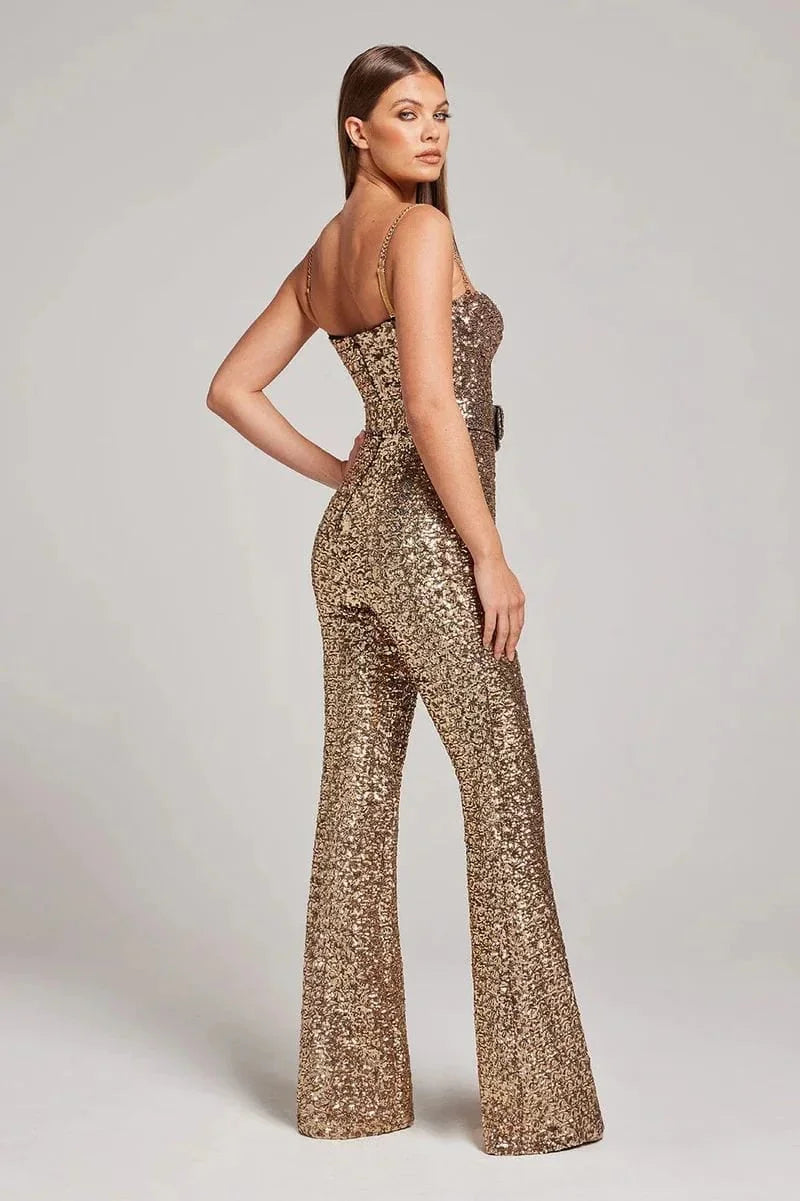 Combinaison Sequin Femme Bustier Jambe Évasée