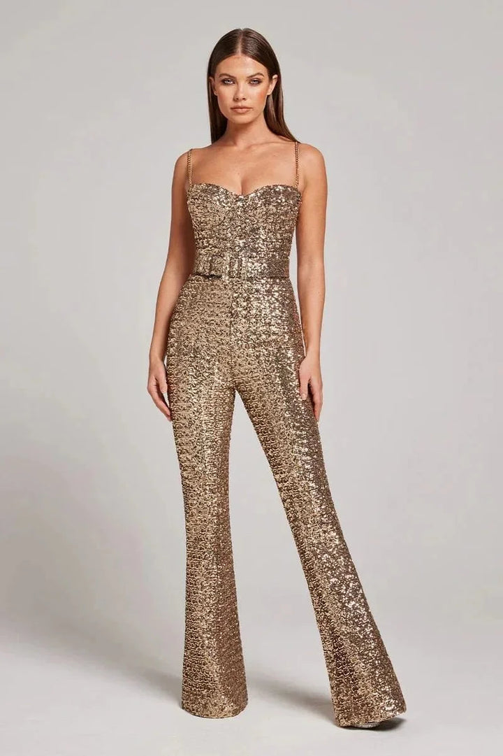 Combinaison Pantalon Pailletée Femme Ceinture Soirée