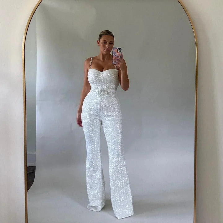 Combinaison Sequin Femme Bustier Jambe Évasée