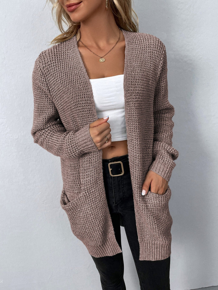 Cardigan lungo aperto da donna in maglia
