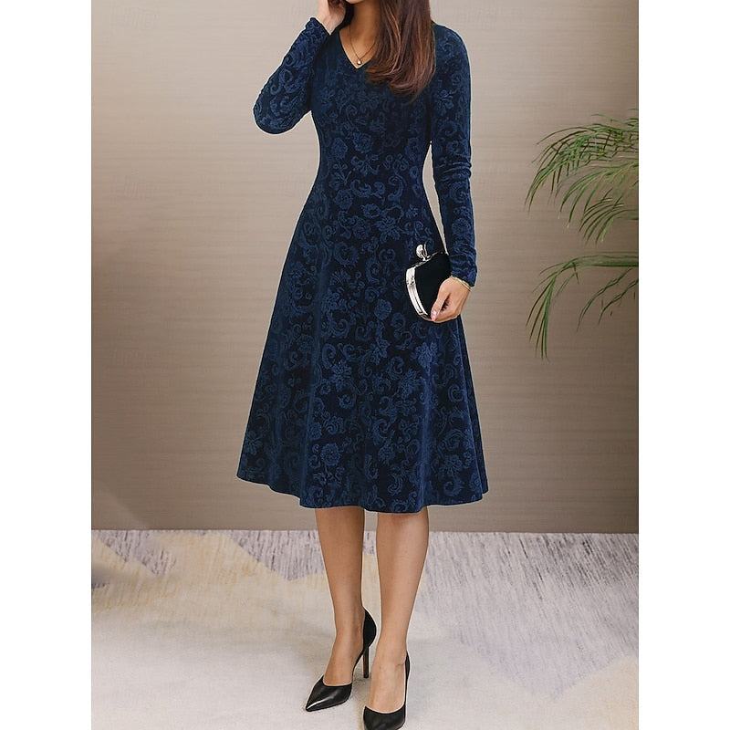 Women's Floral Print Long-Sleeve A-Line Midi Dress