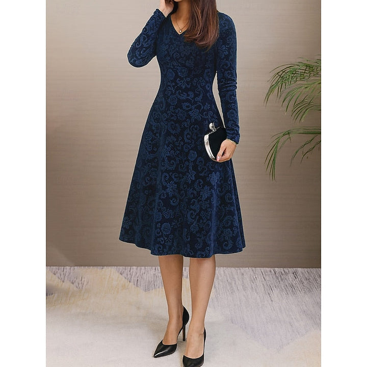 Women's Floral Print Long-Sleeve A-Line Midi Dress
