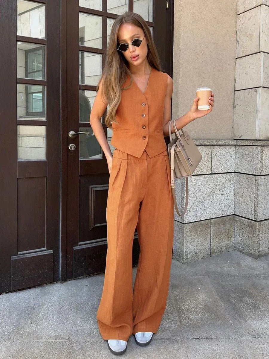 Ensemble Lin Femme Gilet et Pantalon Fluide Été
