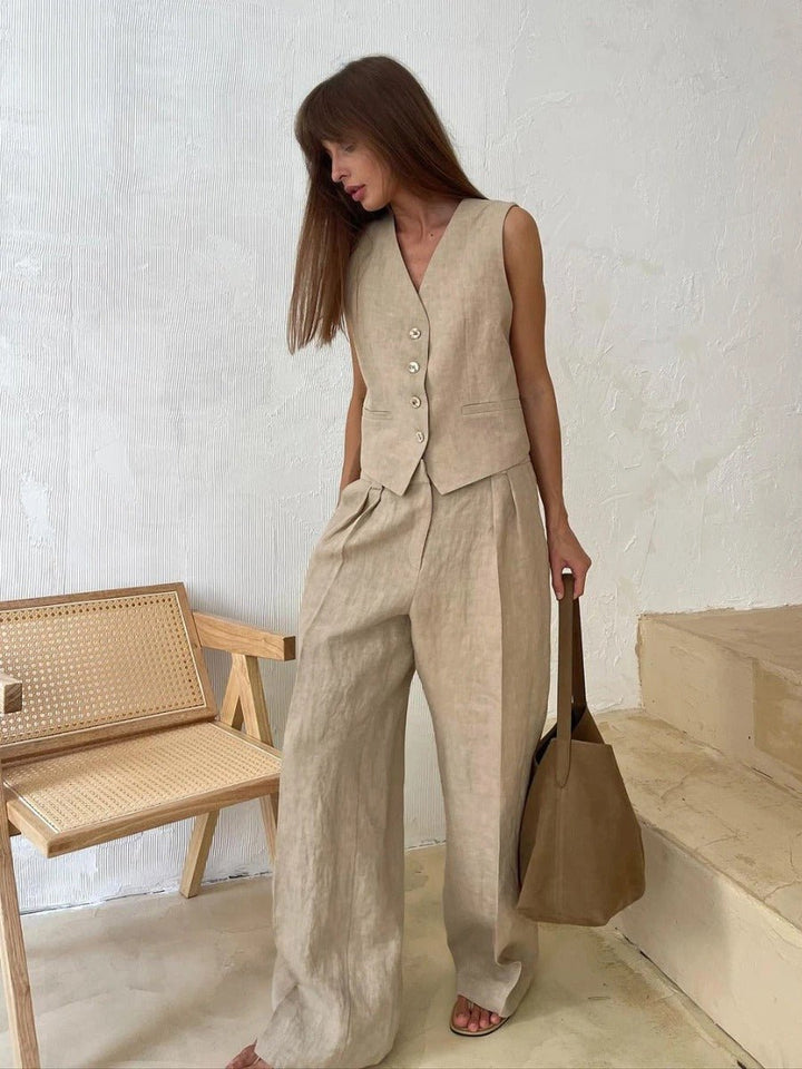 Ensemble Lin Femme Gilet et Pantalon Fluide Été