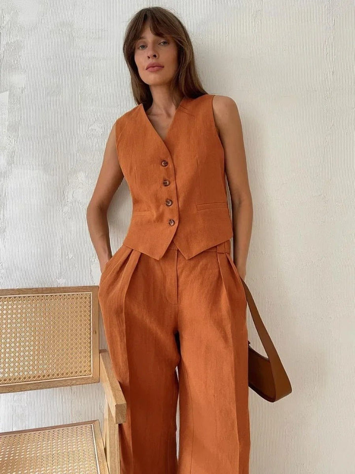 Ensemble Lin Femme Gilet et Pantalon Fluide Été