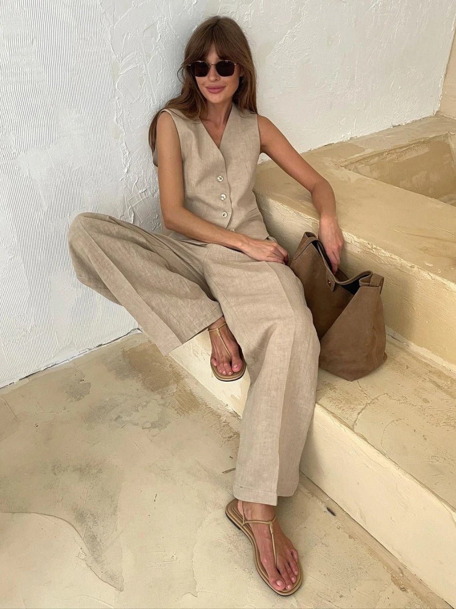 Ensemble Lin Femme Gilet et Pantalon Fluide Été