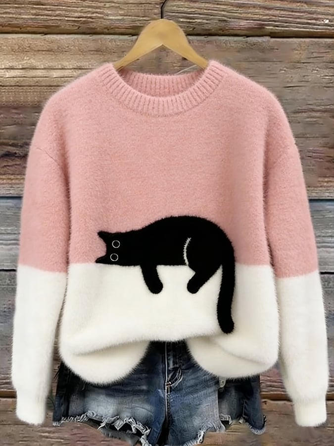 Women's Round-Neck Knit Sweater with Cat Pattern