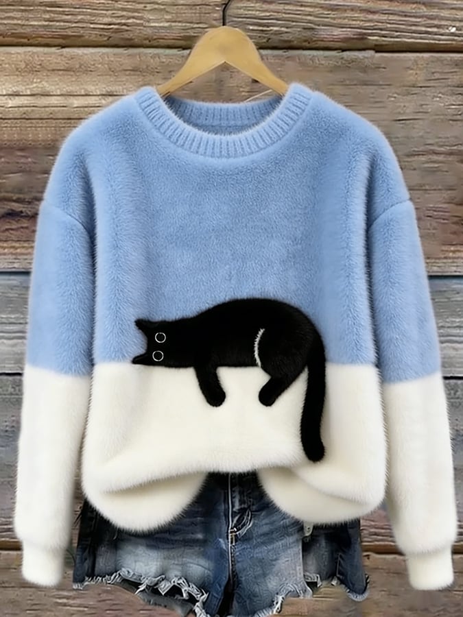 Women's Round-Neck Knit Sweater with Cat Pattern