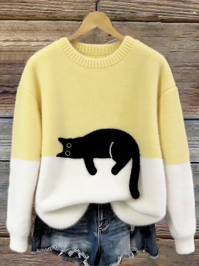 Women's Round-Neck Knit Sweater with Cat Pattern