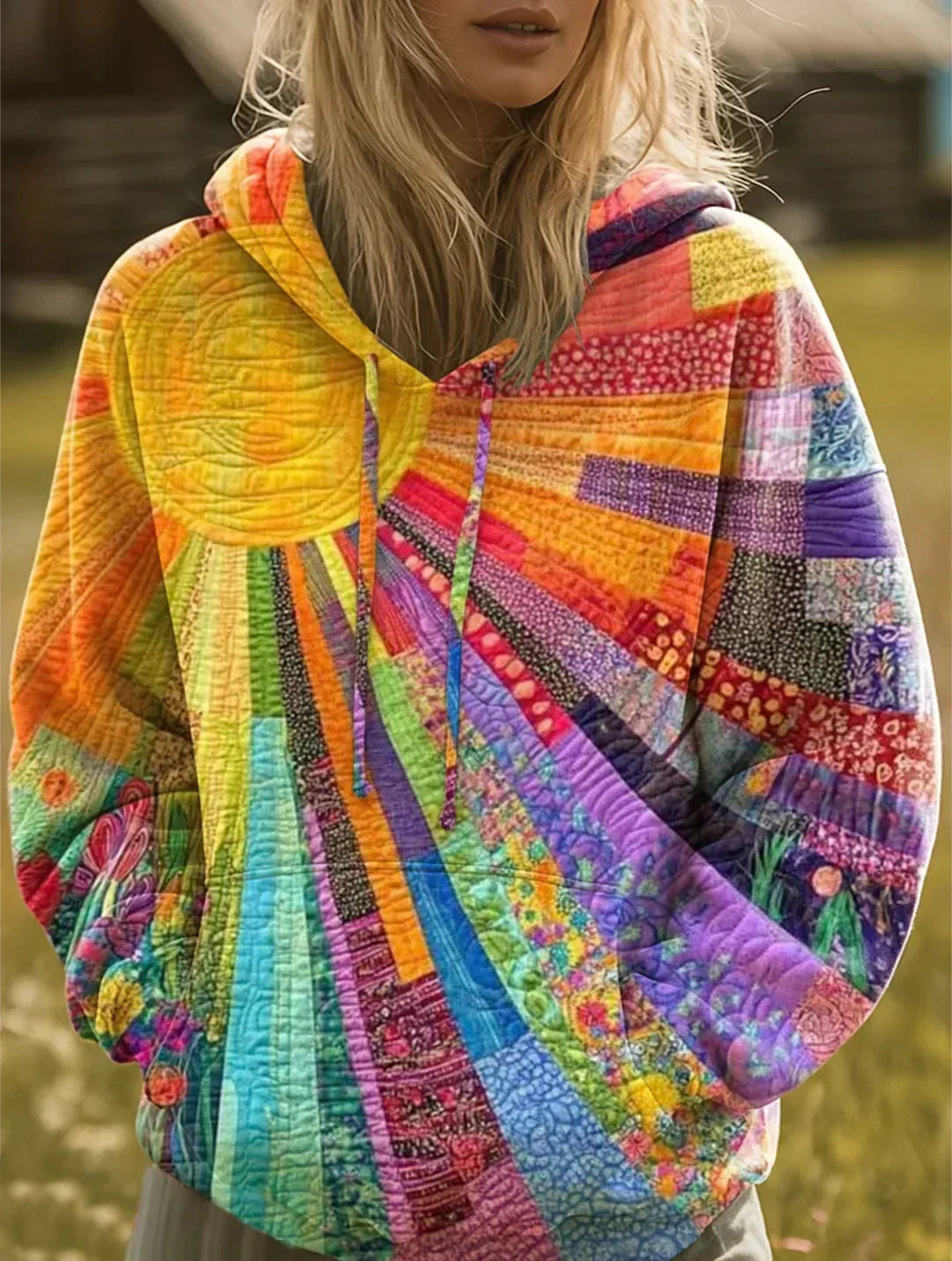 Felpa con cappuccio bohémien da donna in patchwork colorato
