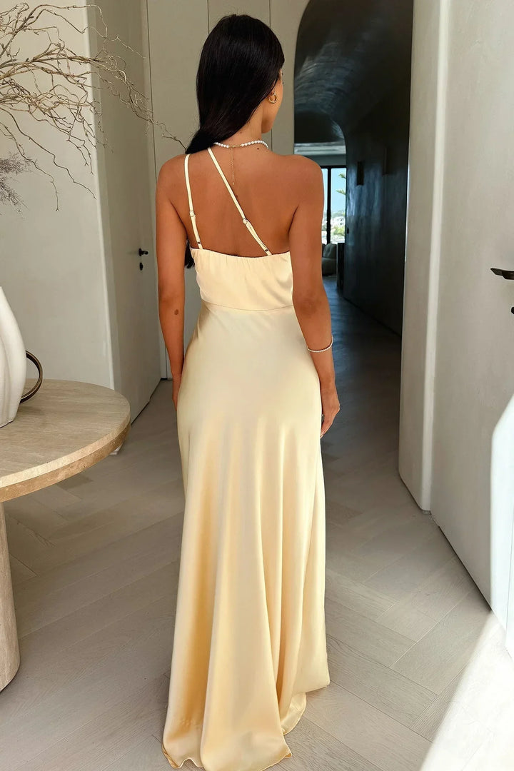 Robe Longue Asymétrique Femme Beige Fente Latérale