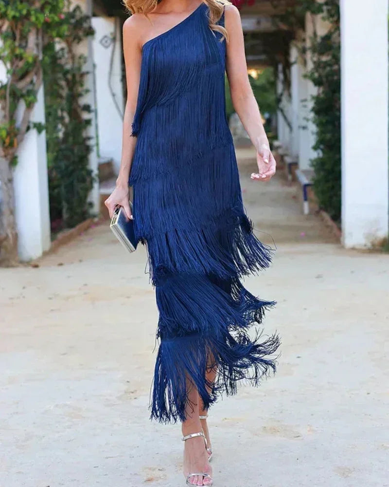 Robe Longue Franges Asymétrique Pour Femme