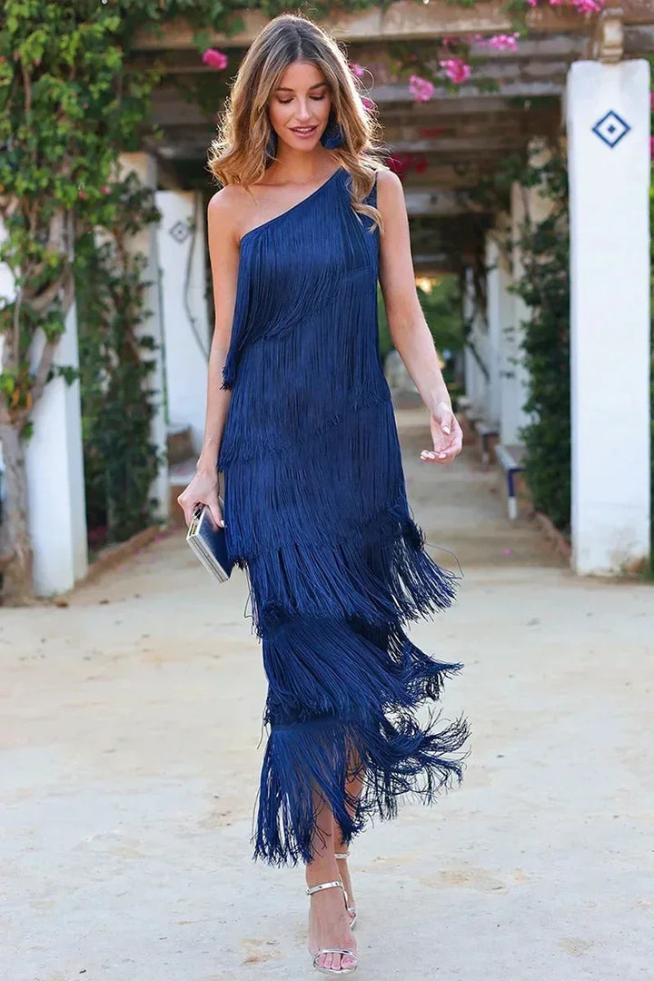 Robe Longue Franges Asymétrique Pour Femme