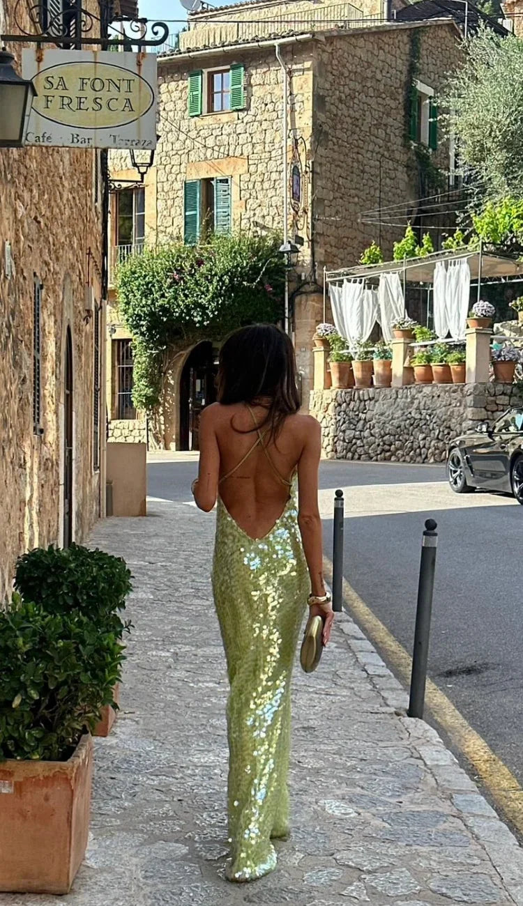 Robe Longue Sequins Verts Femme Dos Nu