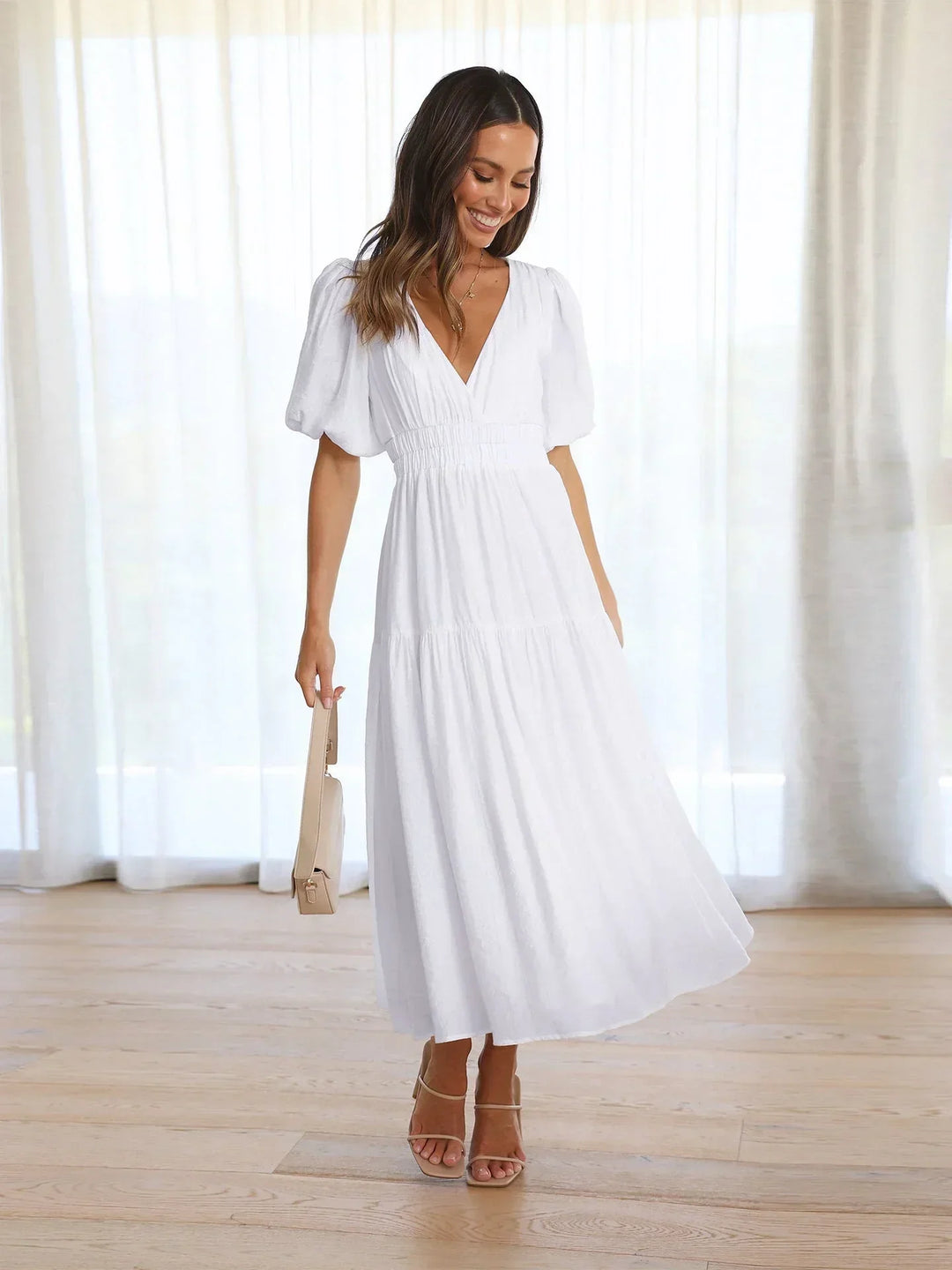 Robe Midi Femme Fluide Col V Été