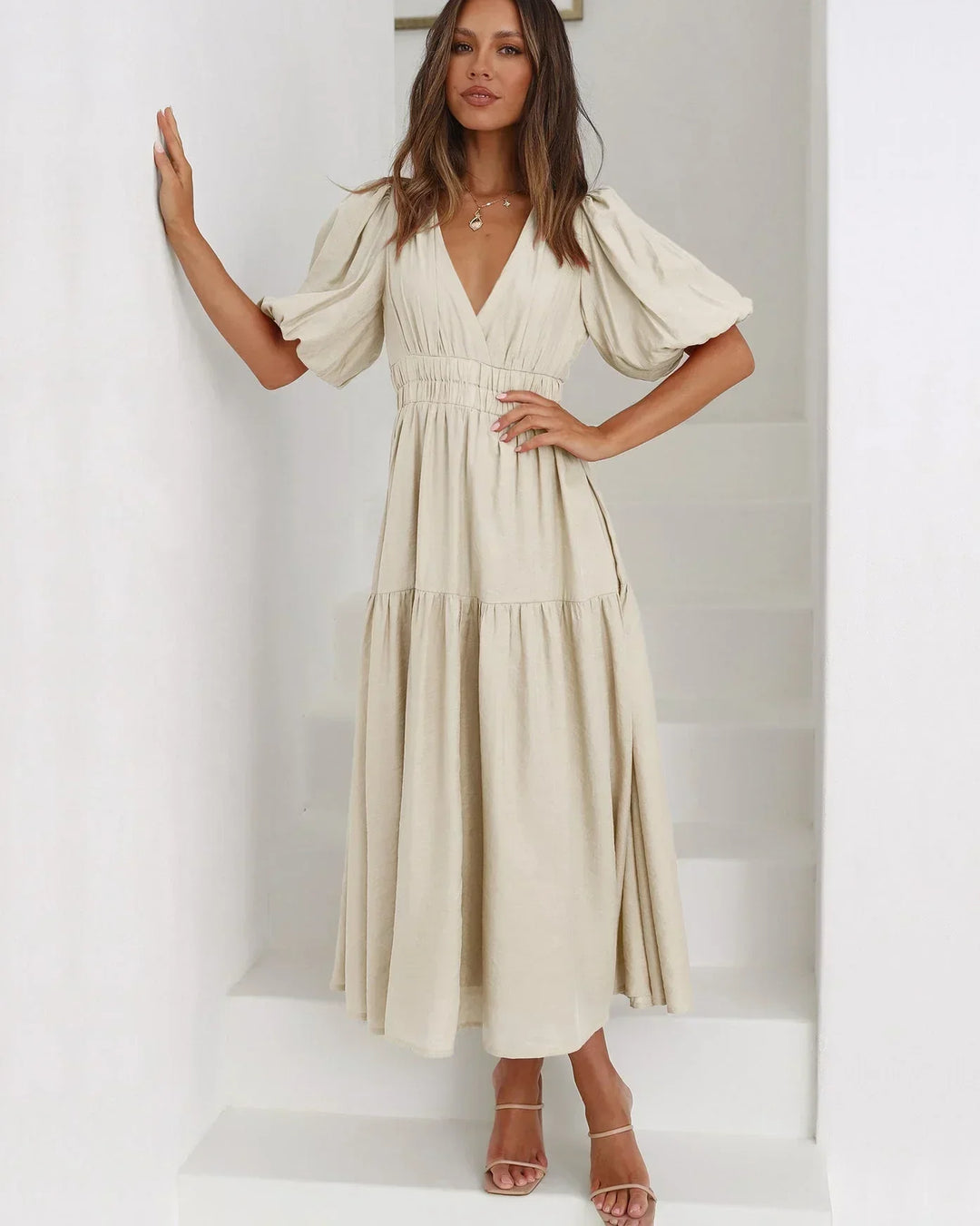 Robe Midi Femme Fluide Col V Été
