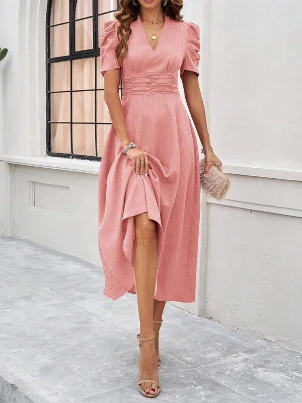 Robe Midi Femme Col V Manches Bouffantes
