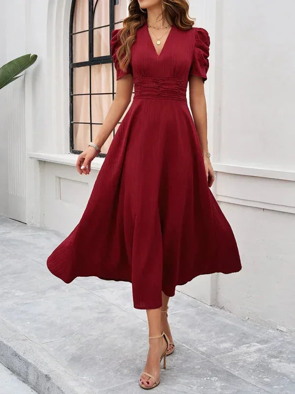 Robe Midi Femme Col V Manches Bouffantes