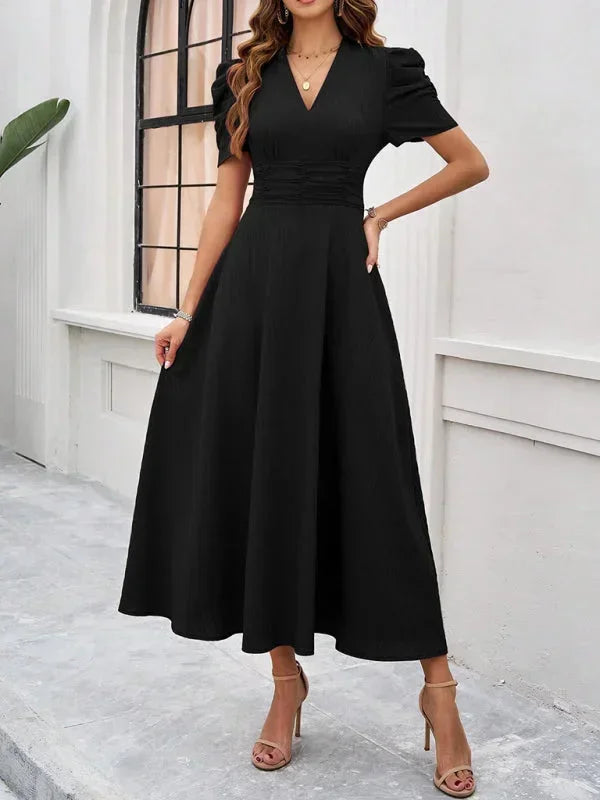 Robe Midi Femme Col V Manches Bouffantes